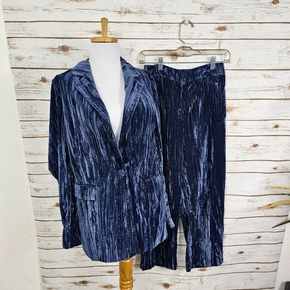 Topshop 2 PC Set Textured Velvet Blazer Jacket & Trouser Pant Blue Size 2 - Picture 3 of 16